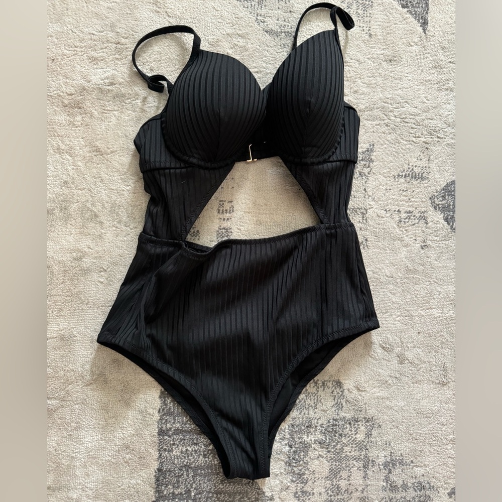 Classy soft ribbed bow tie front backless peep one piece